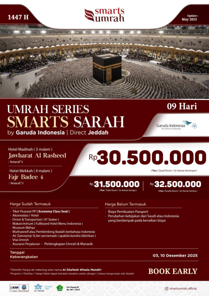 Umroh Series Smarts Sarah BBS Bandung 3 & 10 Desember 2025 (9 Hari)