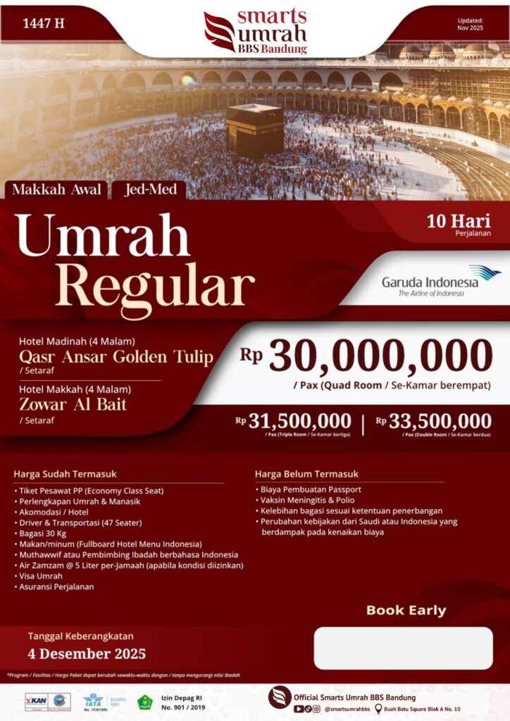 Umroh Reguler 4 Desember 2025 10 Hari Bersama Smarts Umroh BBS Bandung